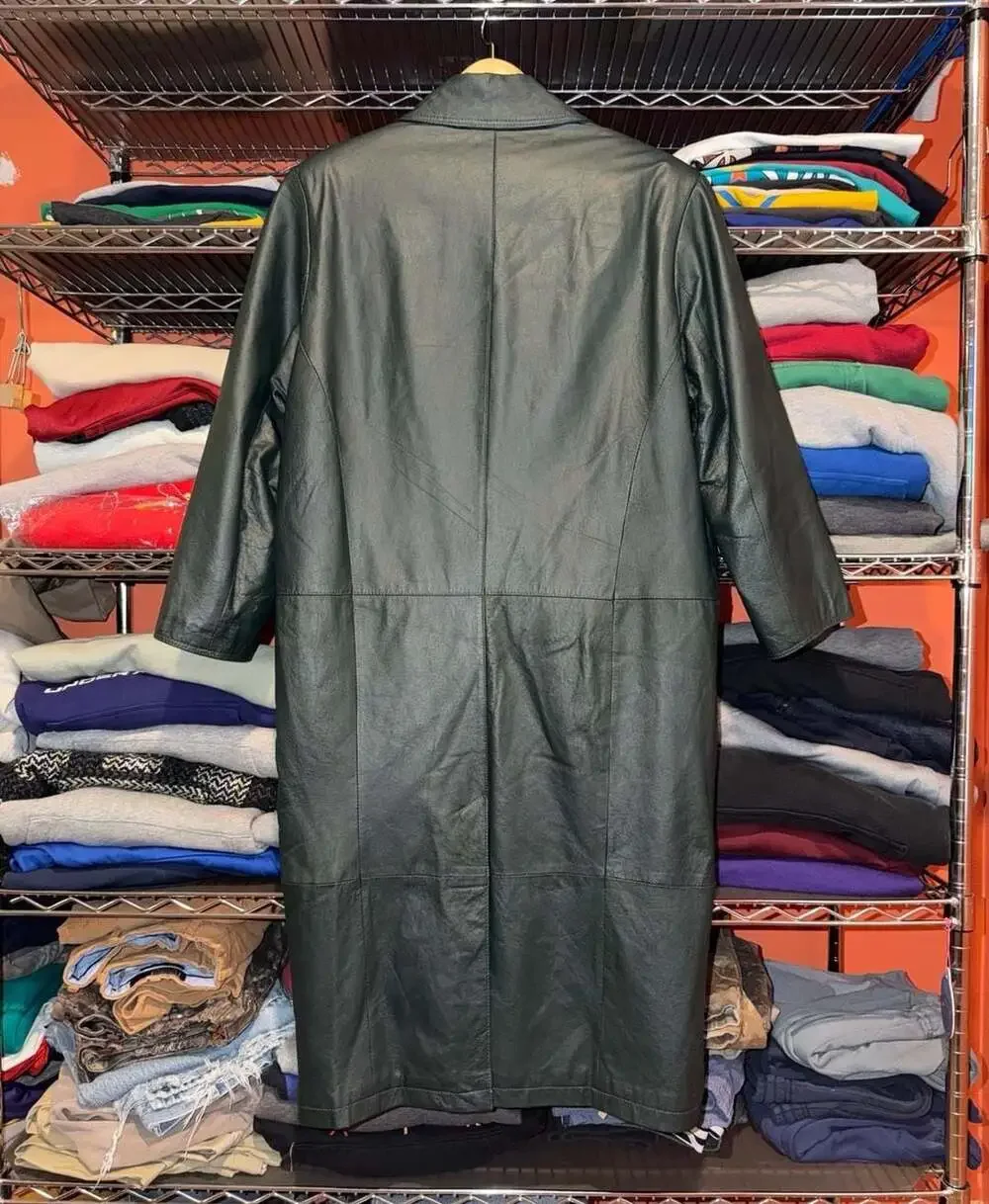 Vintage Pelle New York Milano Dark Green Leather Long Trench Coat Size Small